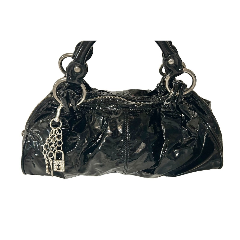 Vintage Y2K Express Design Studio Shiny Black Purse Shoulder Bag With Charms